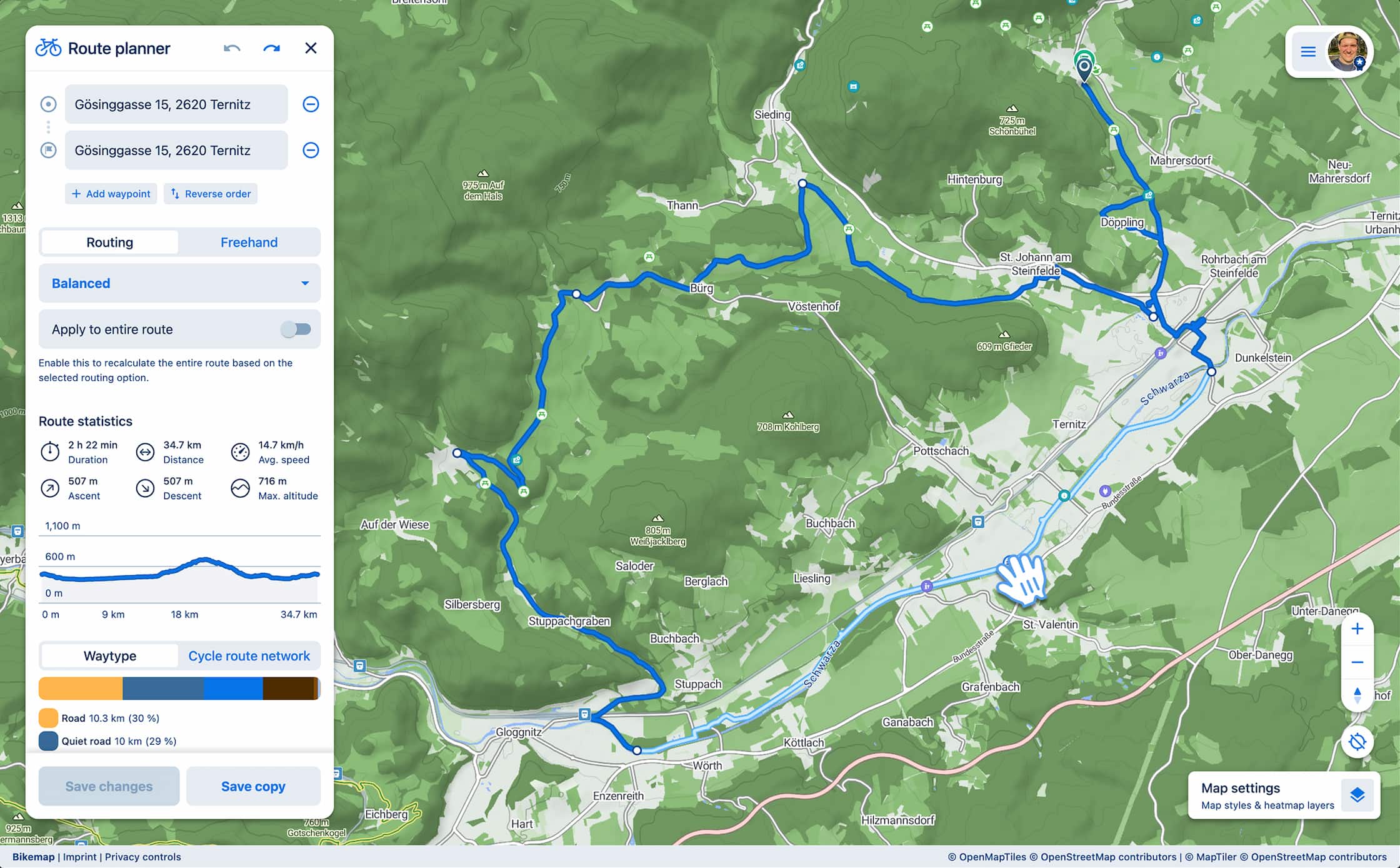 A route with multiple control points and segments in the Bikemap route planner