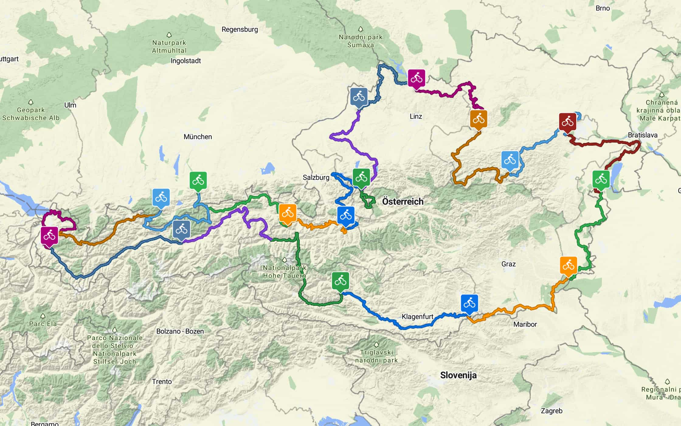 All legs of a multi-day cycling tour in Bikemap plotted together on the map in different colors.
