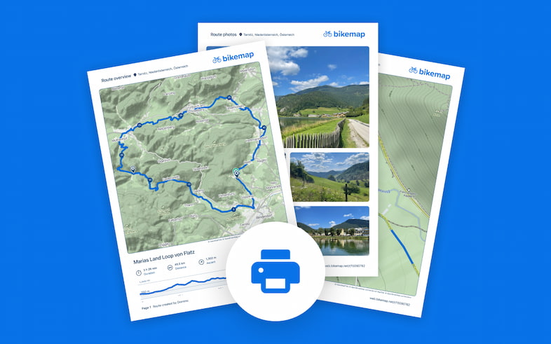Printout of a Bikemap cycling route including map, description, statistics, images and custom areas